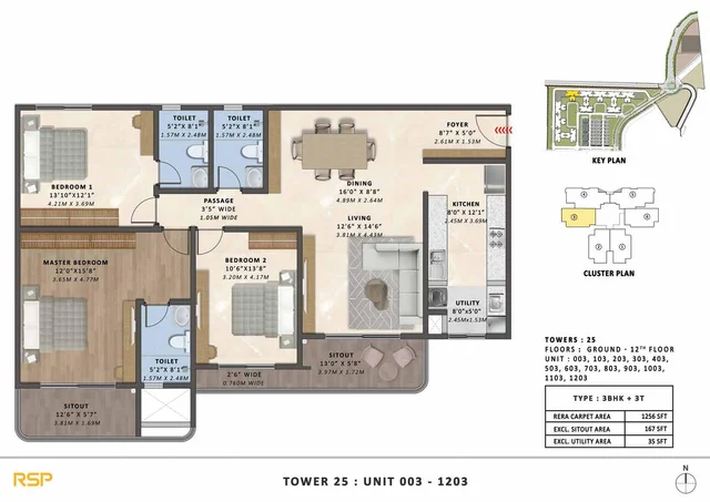 3BHK-3T (1256 sqft) Floor Plan at Tata Varnam