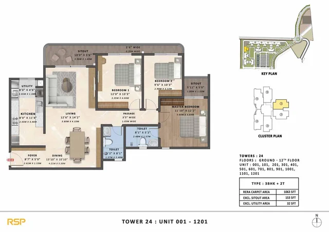 3BHK-2T (1063 sqft) Floor Plan at Tata Varnam