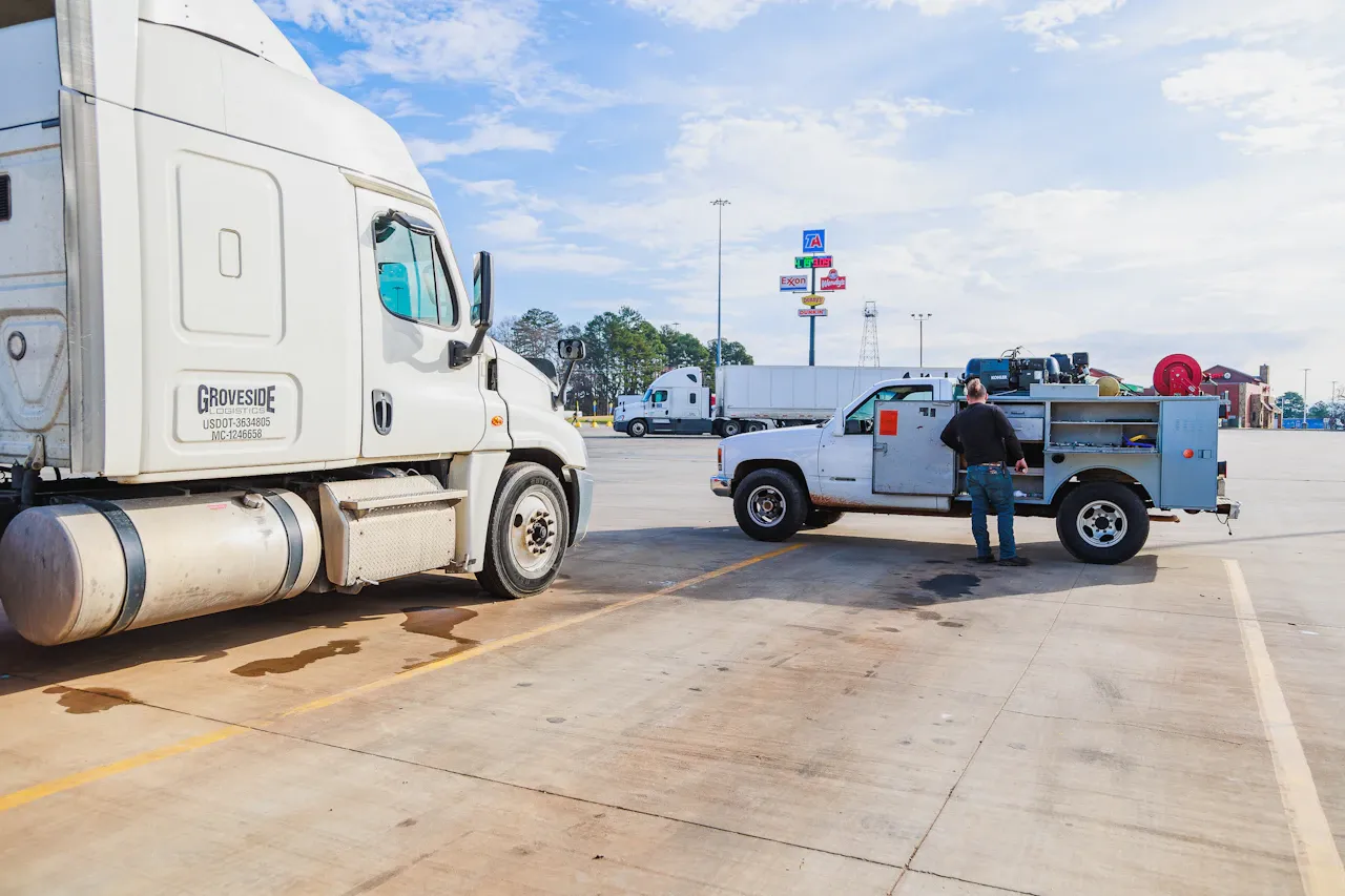 Roadside service truck parked beside a disabled semi-truck at a truck stop, ready for heavy-duty repair. The truck door displays "Groveside."