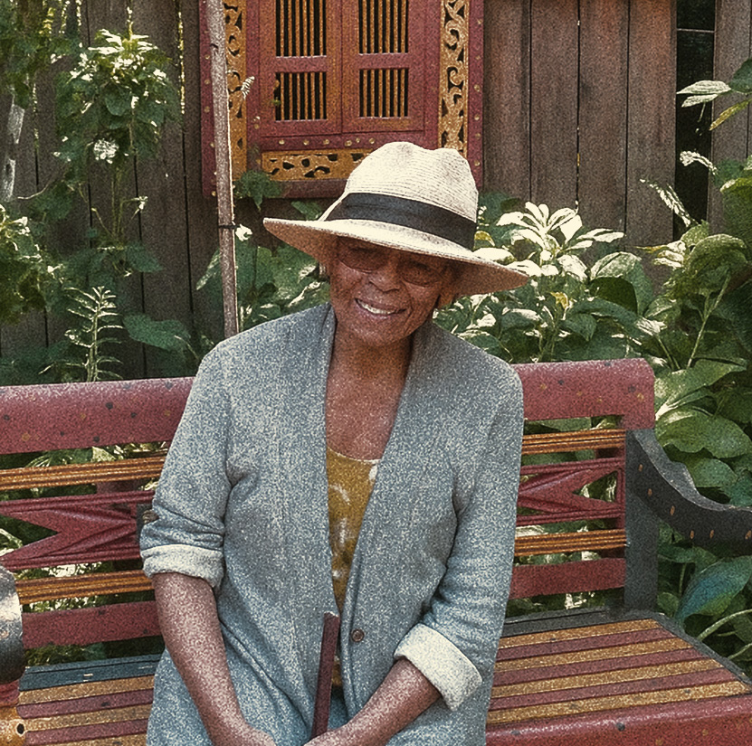 A smiling woman sitting on a bench with hat and glasses