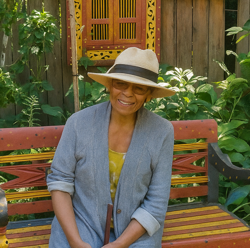 A smiling woman sitting on a bench with hat and glasses plumbing customer