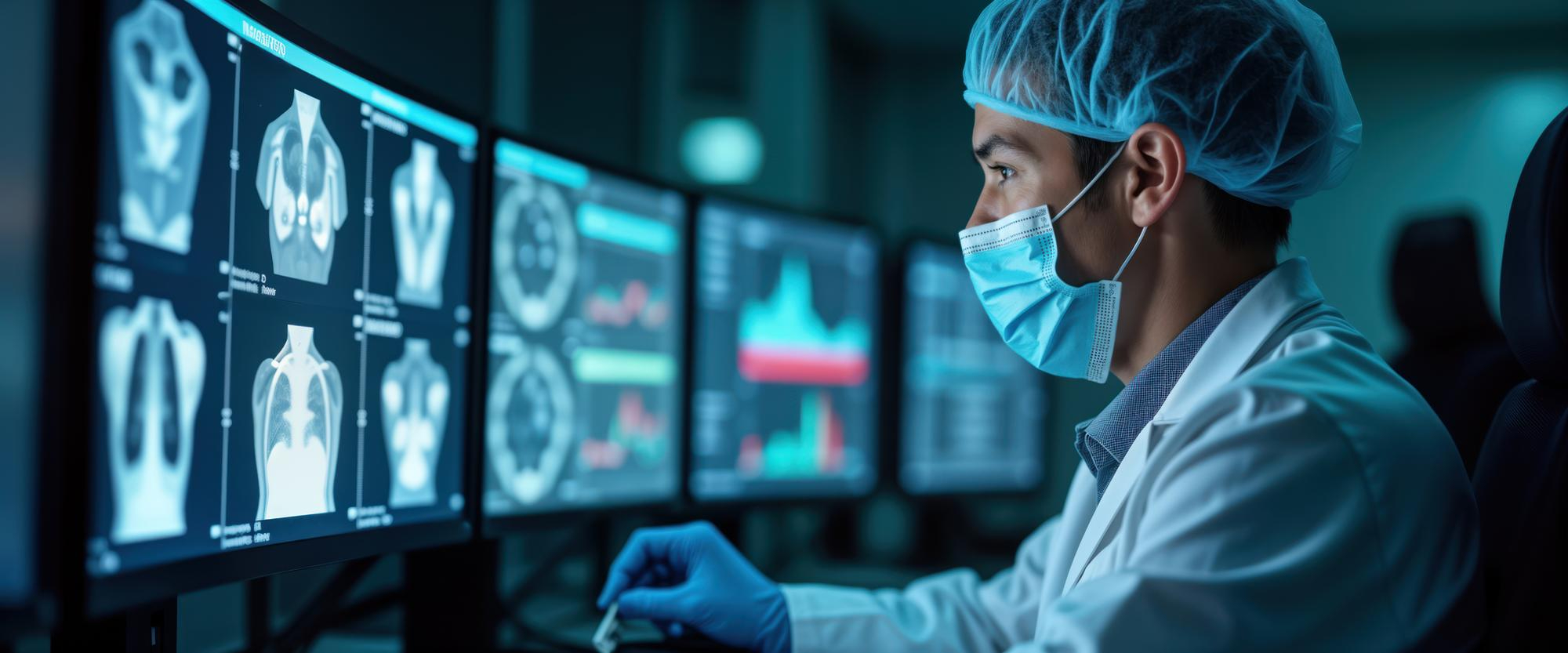 Radiologist reviewing medical scans on multiple monitors