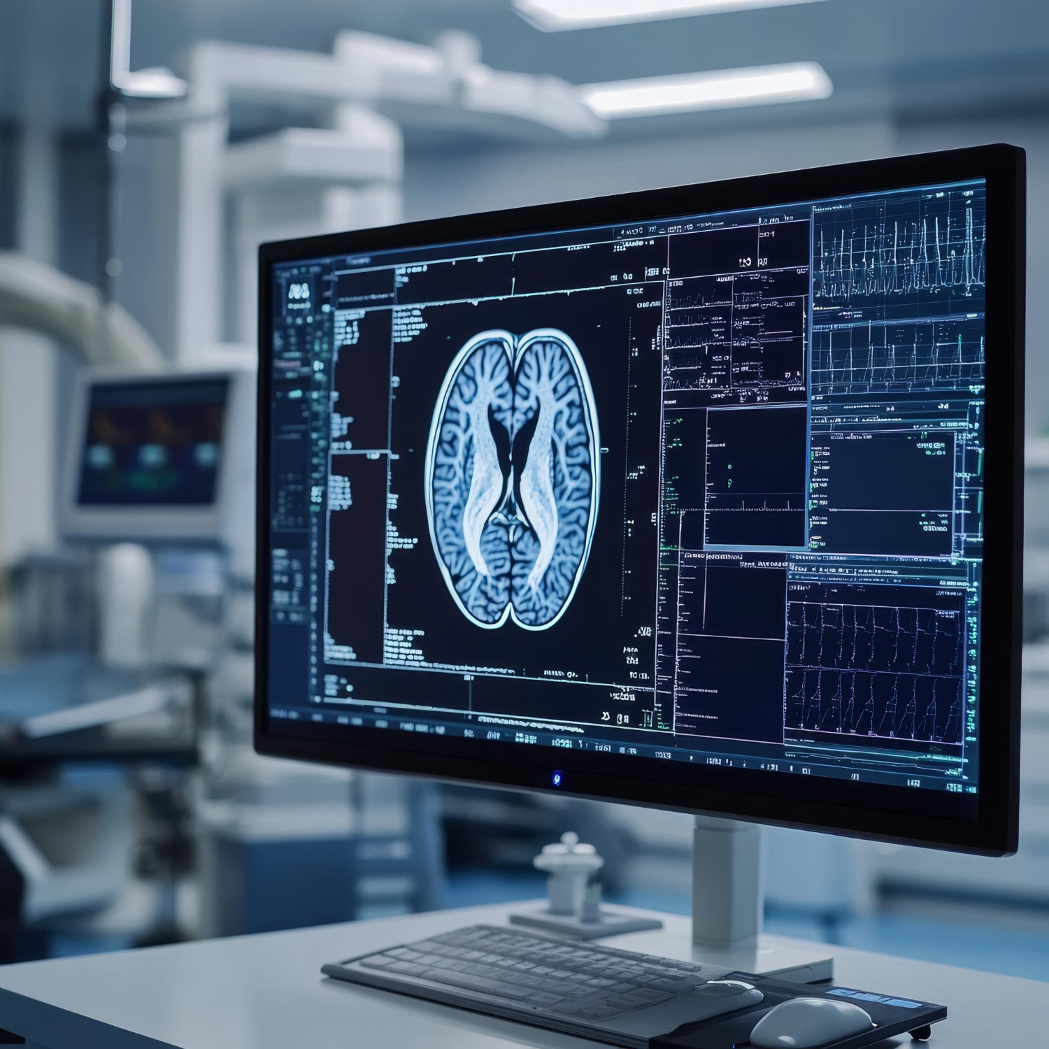 MRI brain scan displayed in a clinical reading room