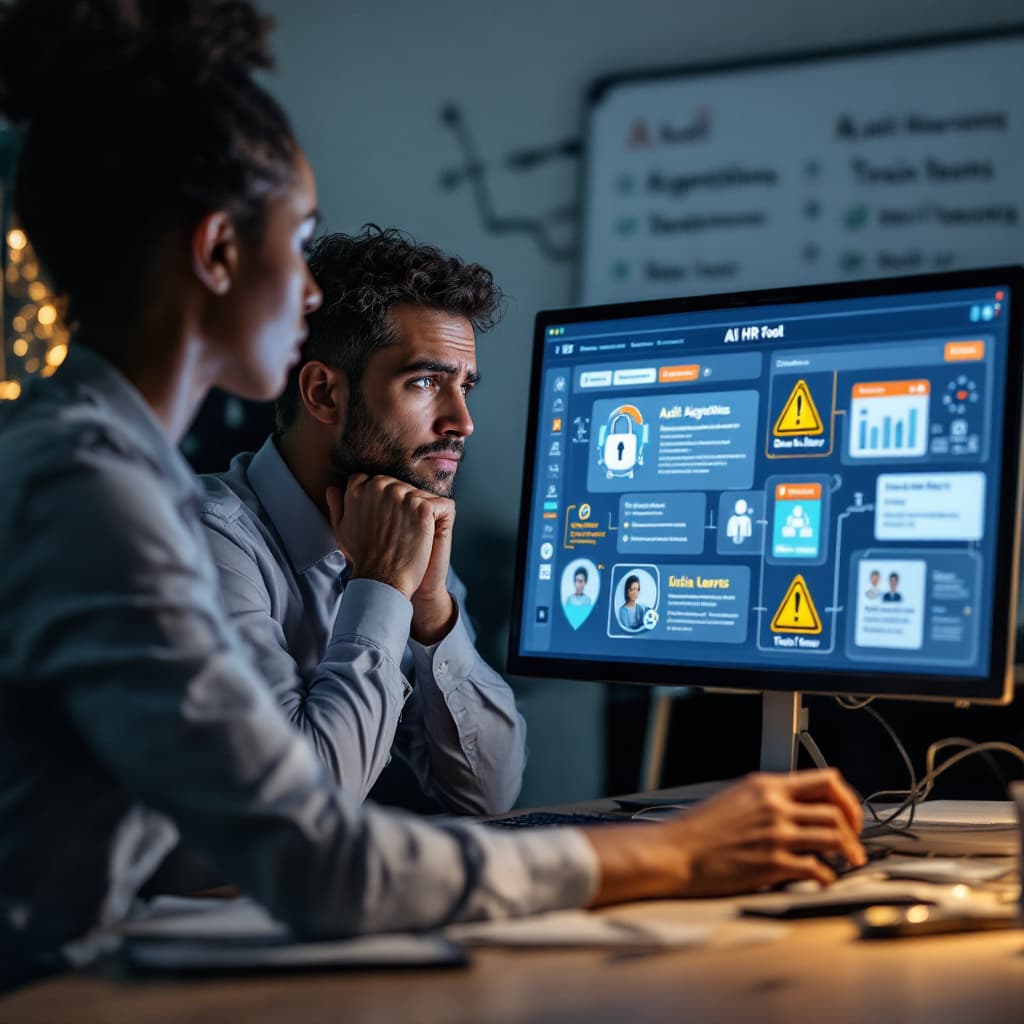 HR leader reviewing AI HR tool alerts for data privacy, bias risks, and integration errors