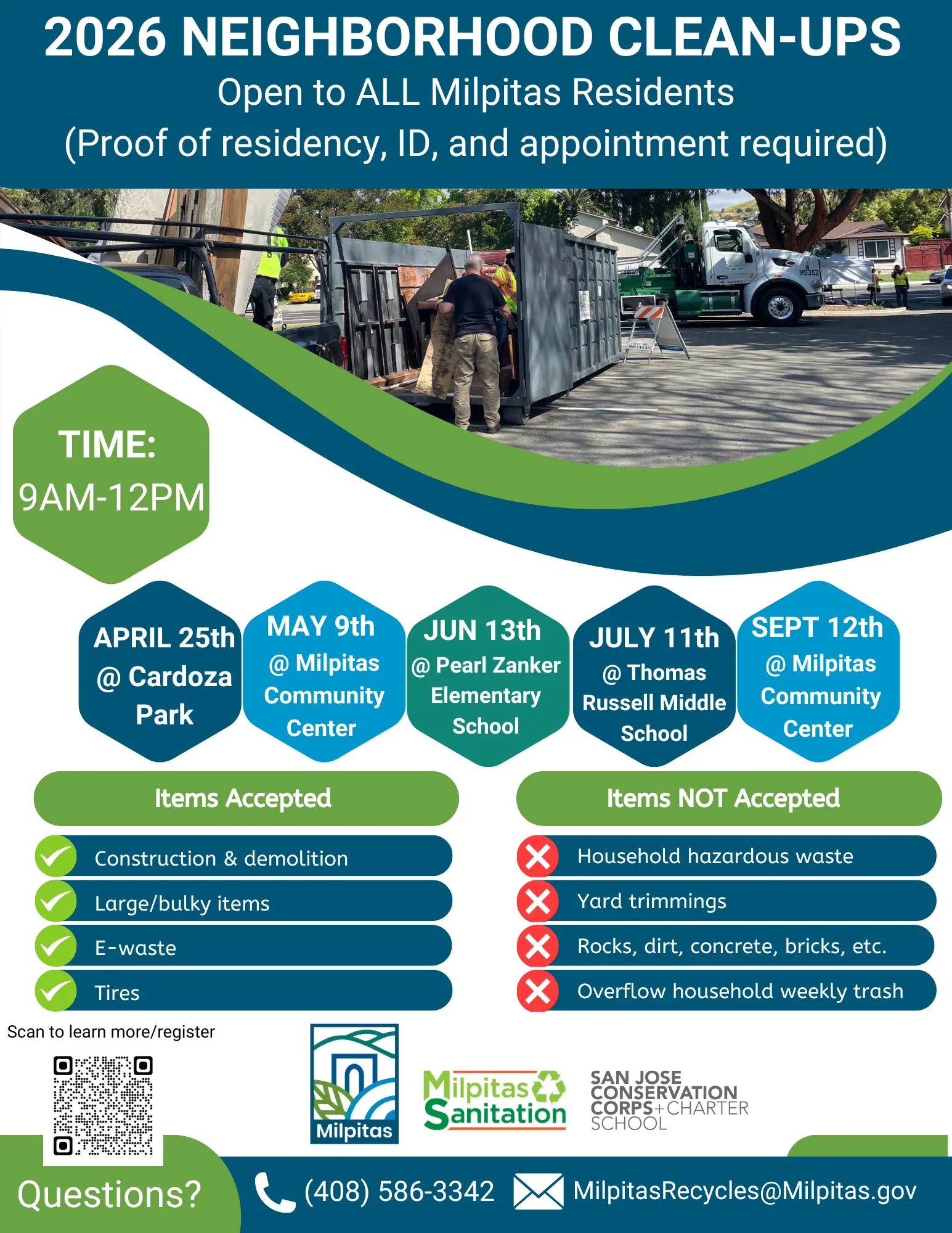 2026 Neighborhood Clean-Ups poster, open to all Milpitas residents (proof of residency, ID and appointment required), 9 AM to 12 PM: April 25 at Cardoza Park, May 9 at Milpitas Community Center, June 13 at Pearl Zanker Elementary School, July 11 at Thomas Russell Middle School, September 12 at Milpitas Community Center. Items accepted: construction and demolition debris, large or bulky items, e-waste, tires. Not accepted: household hazardous waste, yard trimmings, rocks, dirt, concrete and bricks, overflow household weekly trash. Questions: (408) 586-3342 or MilpitasRecycles@Milpitas.gov.