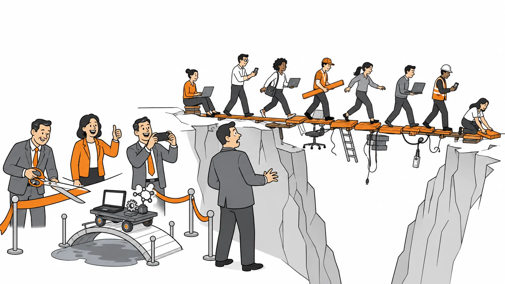 Executives cut a ribbon on a small model bridge over a puddle while employees improvise a plank walkway across a real chasm behind them.