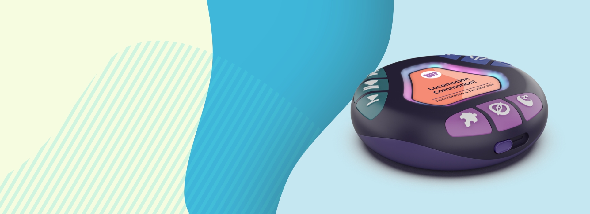 Round handheld electronic learning game with buttons labeled puzzle, mute, and replay, displaying 'Locomotion Commotion! Engineering & Technology'.