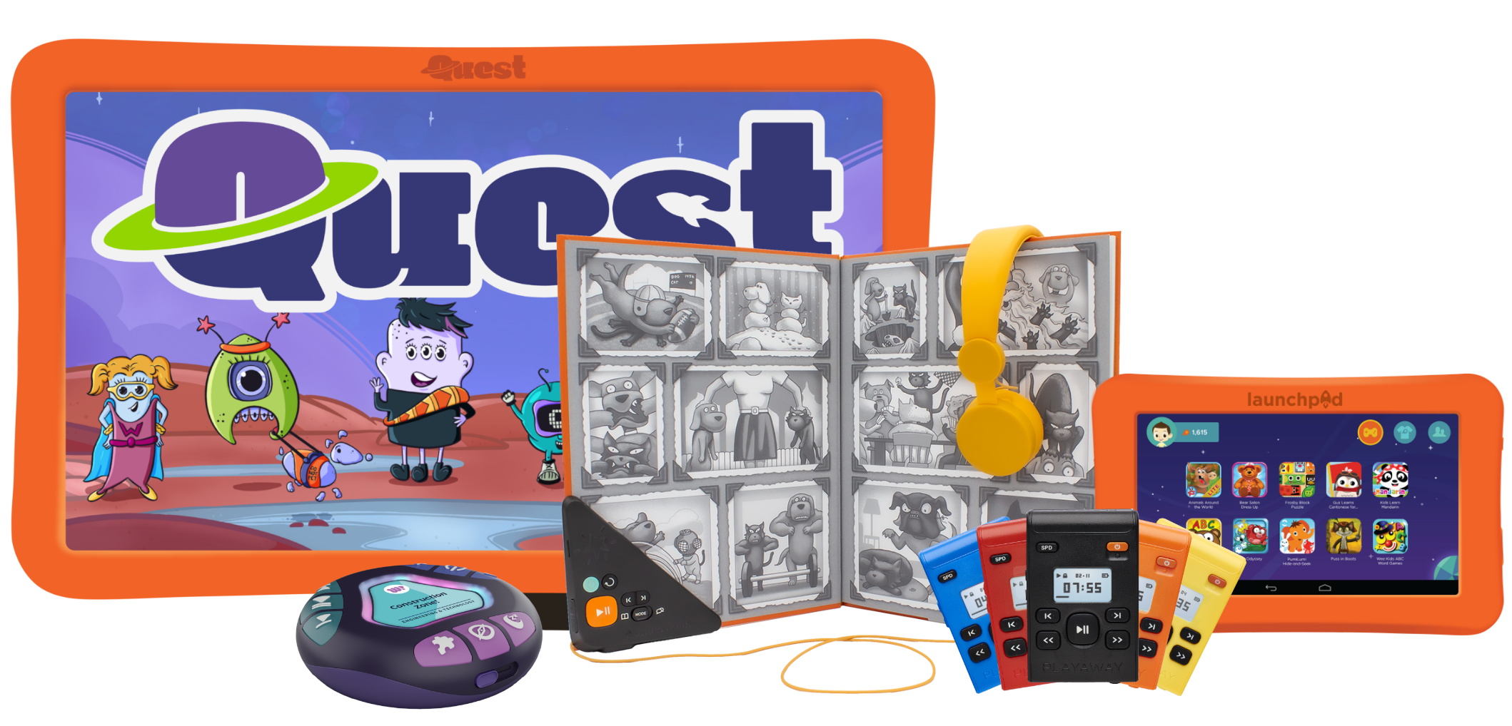 A showcase of Playaway Products four edutainment devices