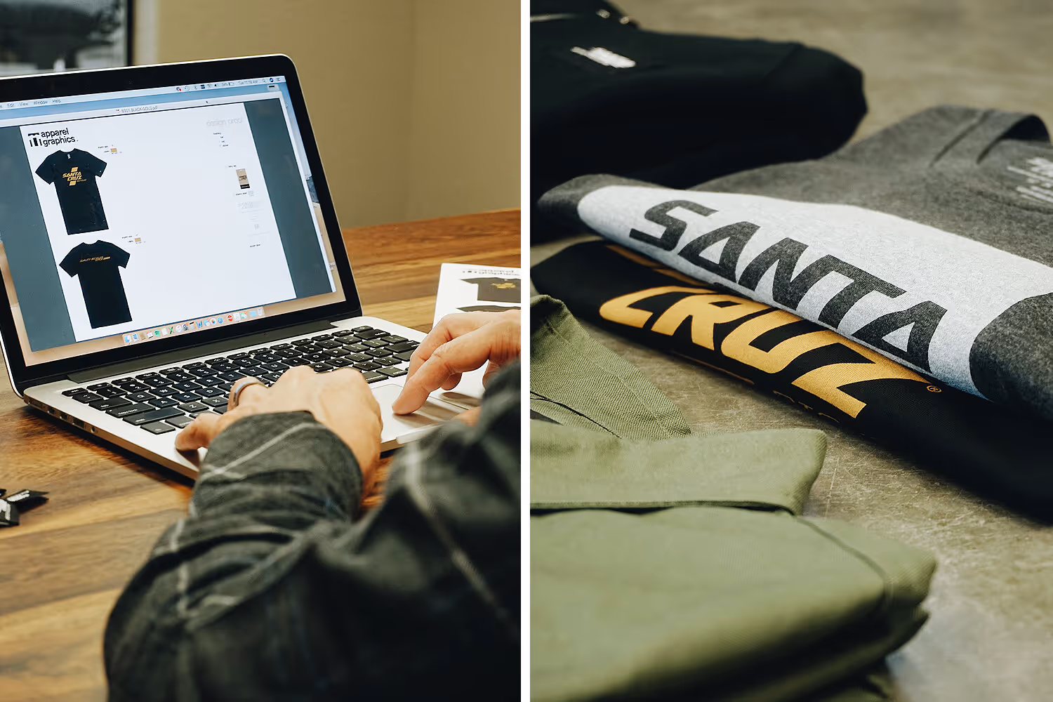 An Apparel Graphics employee working on a mock-up of a t-shirt design displaying "Santa Cruz"