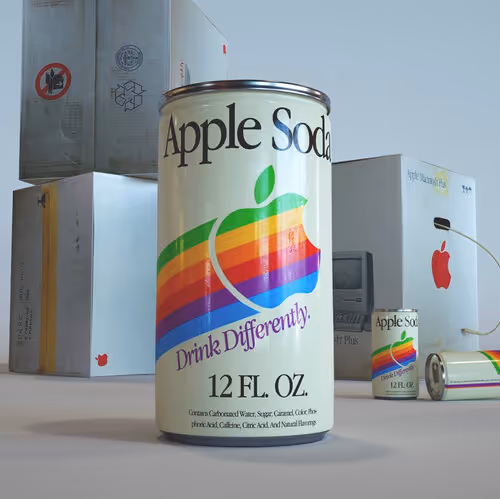 Vintage Apple Soda can with rainbow Apple logo and 'Drink Differently' slogan