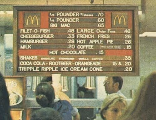 Vintage McDonald's menu board showing prices from decades ago