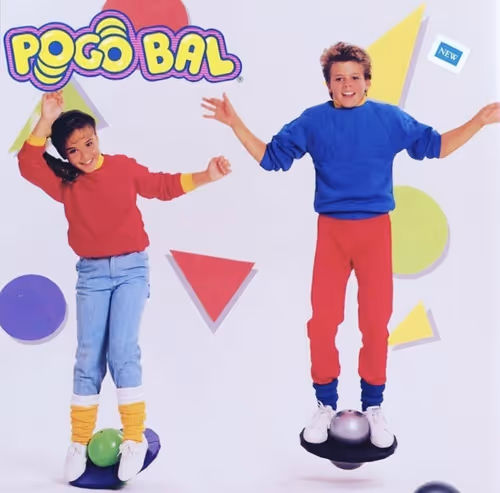 Vintage Pogo Bal toy advertisement showing two children in 80s clothing balancing on pogo bals