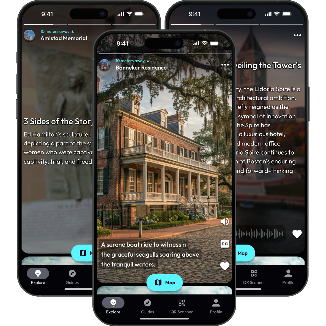 Three smartphone screens displaying a historical site app showing Amistad Memorial sculpture, Banneker Residence colonial house, and Eldoria Spire description.