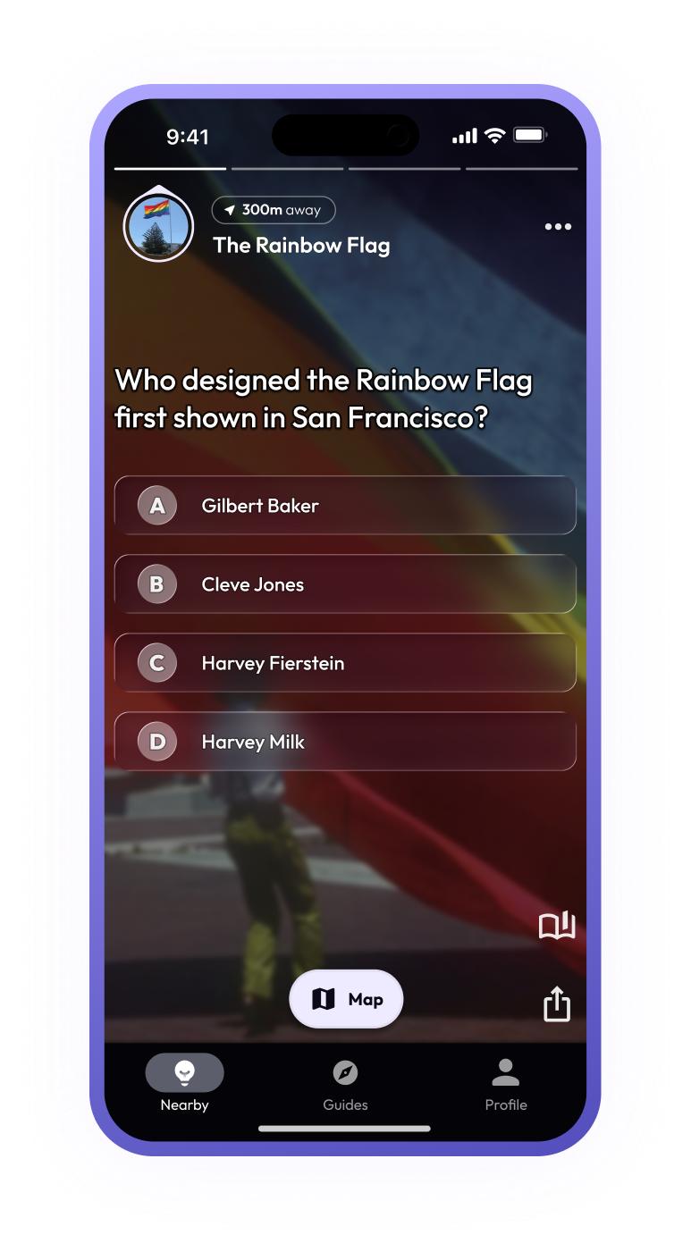 Mobile phone screen showing a quiz question about the original purpose of the Eiffel Tower with four answer options.