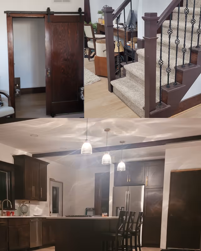 Collage of interior home improvements showing a sliding barn door, carpeted staircase with dark wood railing and iron balusters, and a modern kitchen with dark cabinetry and stainless steel appliances.