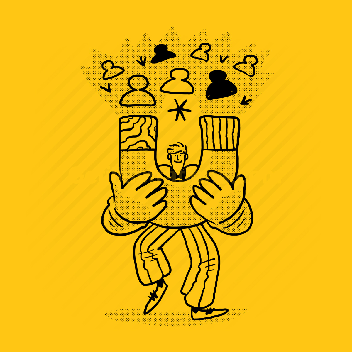 Cartoon of a man holding a magnet that is attracting people or his audience to himself helping them to understand exactly what it is he does, who he does it for and why it matters.