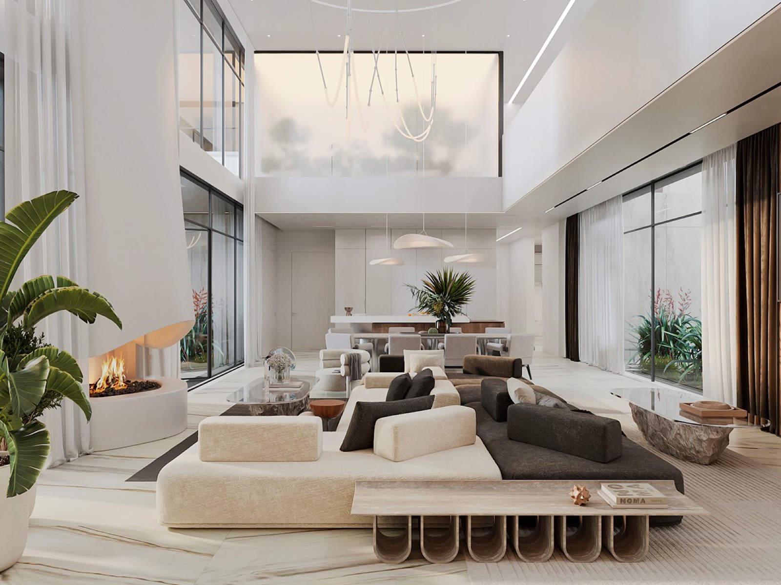 double-height living room with fireplace