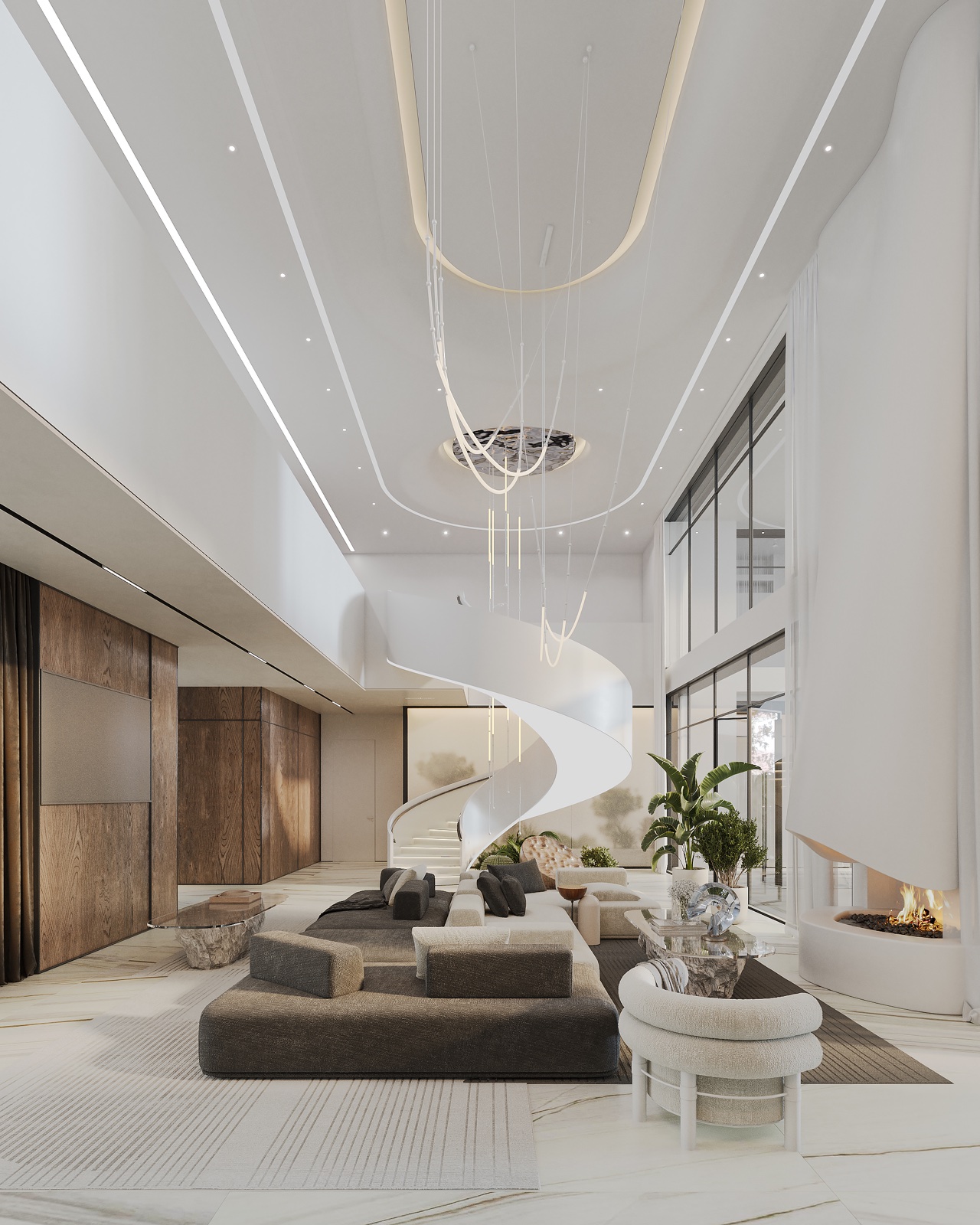 living room with sculptural staircase