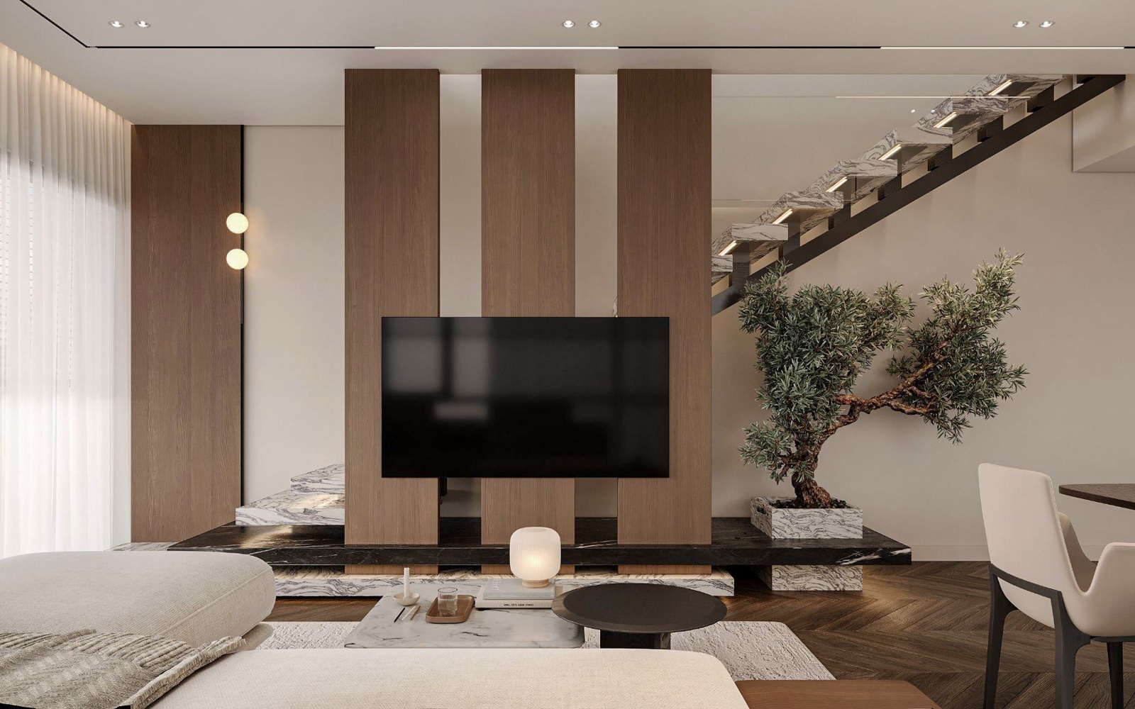 Duplex Apartment interior by COBALT, Limassol, Cyprus - living room and marble stair