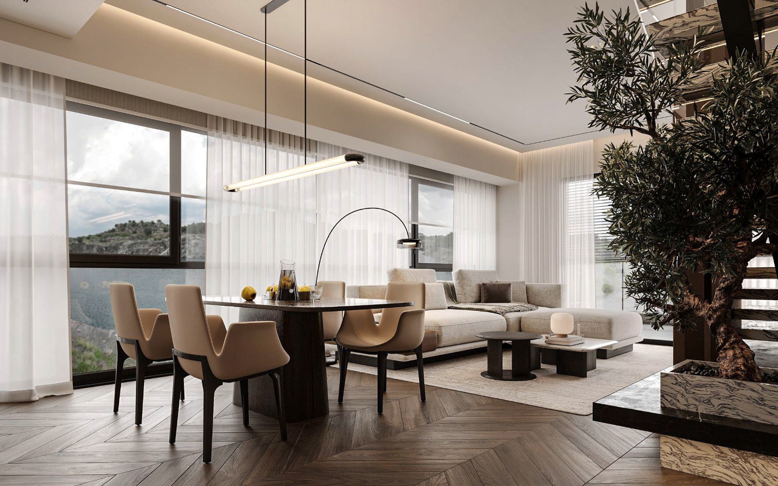 lower level dining with olive tree