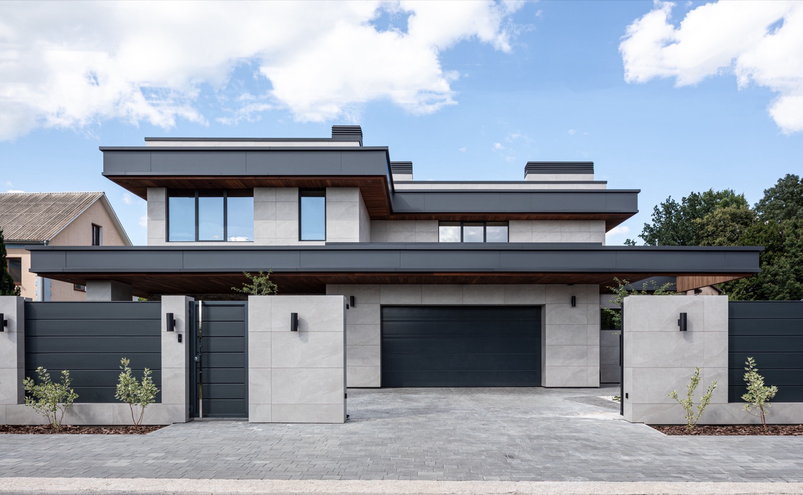 Aura House architecture by COBALT, Vinnytsia, Ukraine - street facade with garage and entrance