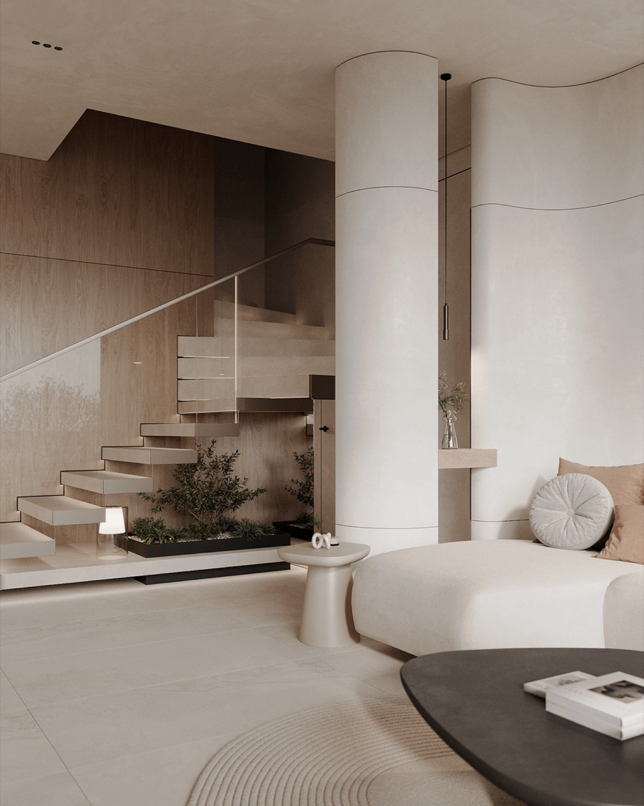 living room and floating staircase