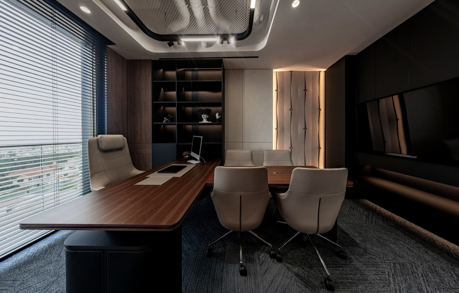 workspace and meeting table, wide view