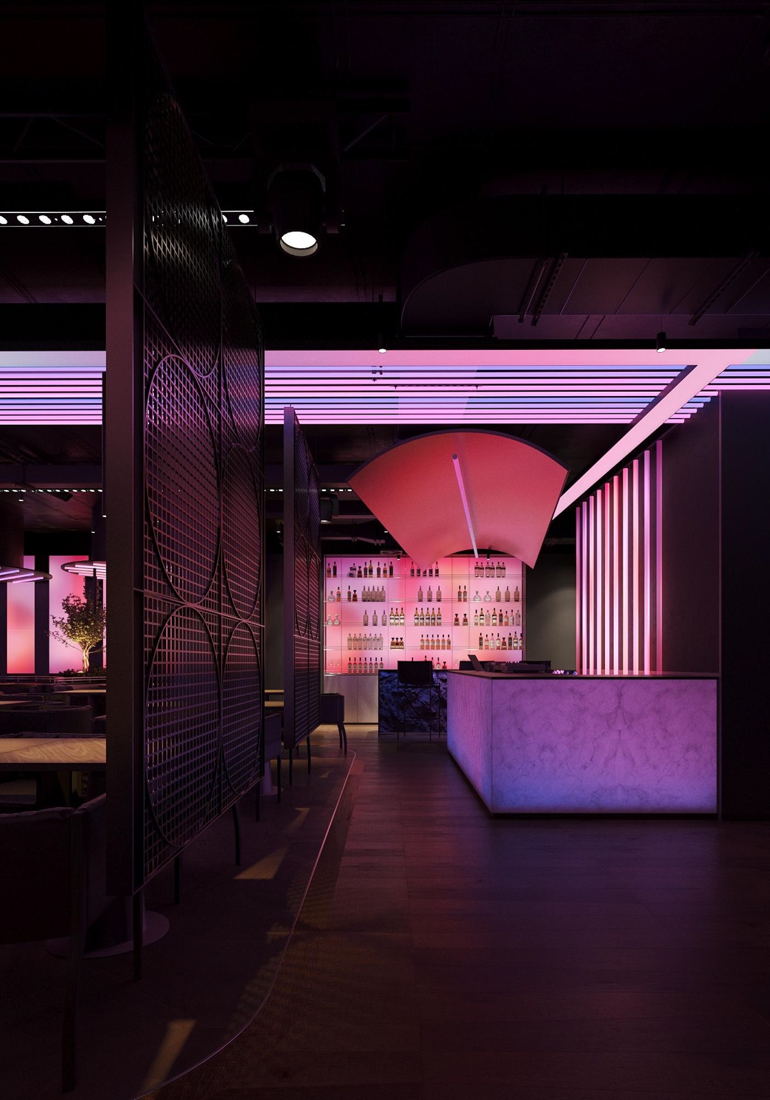 bar with pink and purple lighting