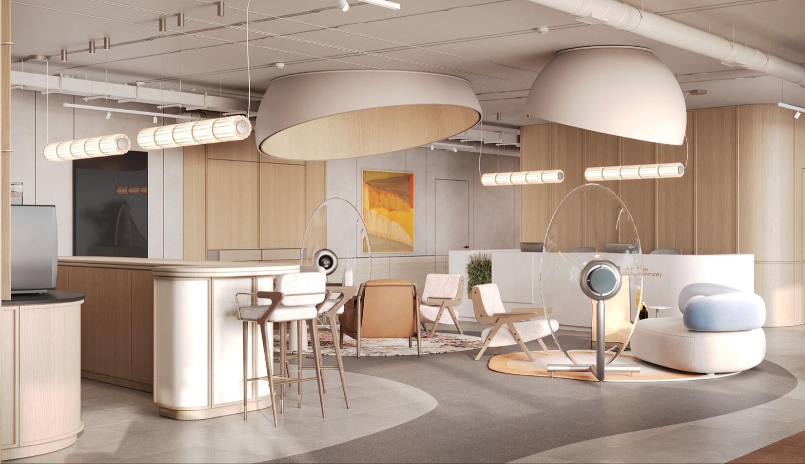 open lounge with dome pendant lights