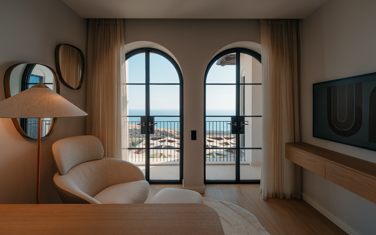 Aphrodite House by COBALT, Aphrodite Hills, Cyprus - study with arched windows and sea view