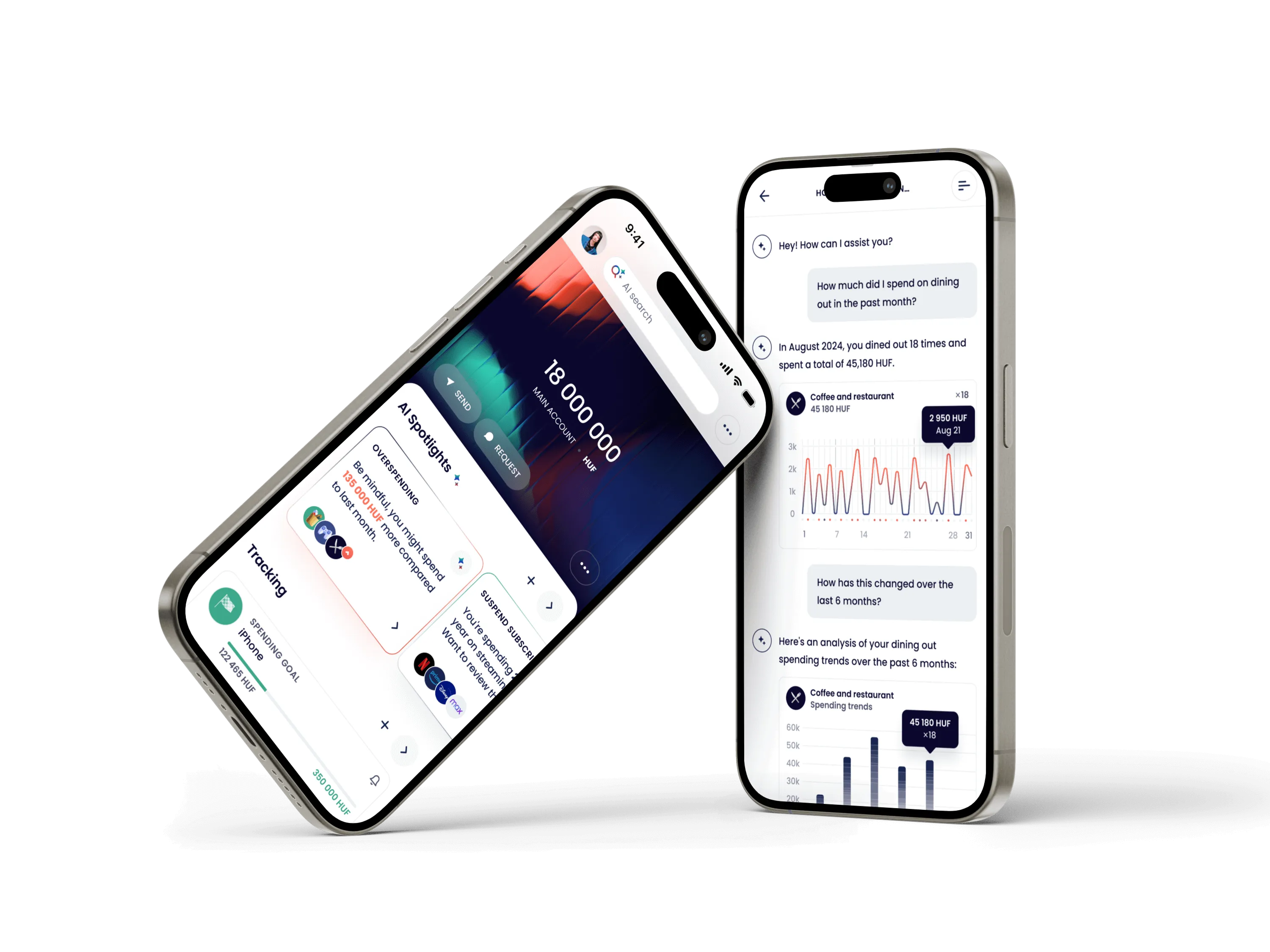 Two mobile screens in an iphone mockup. One showing the balance the other showing a chatbot with some statistics on the spendings