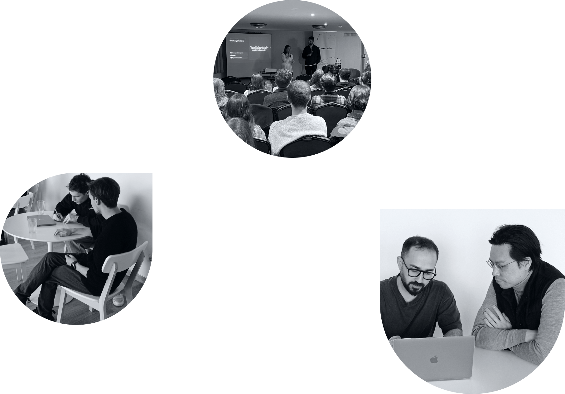 Black-and white photos showing our UX/UI designers and researchers working at their laptops and discussing issues.