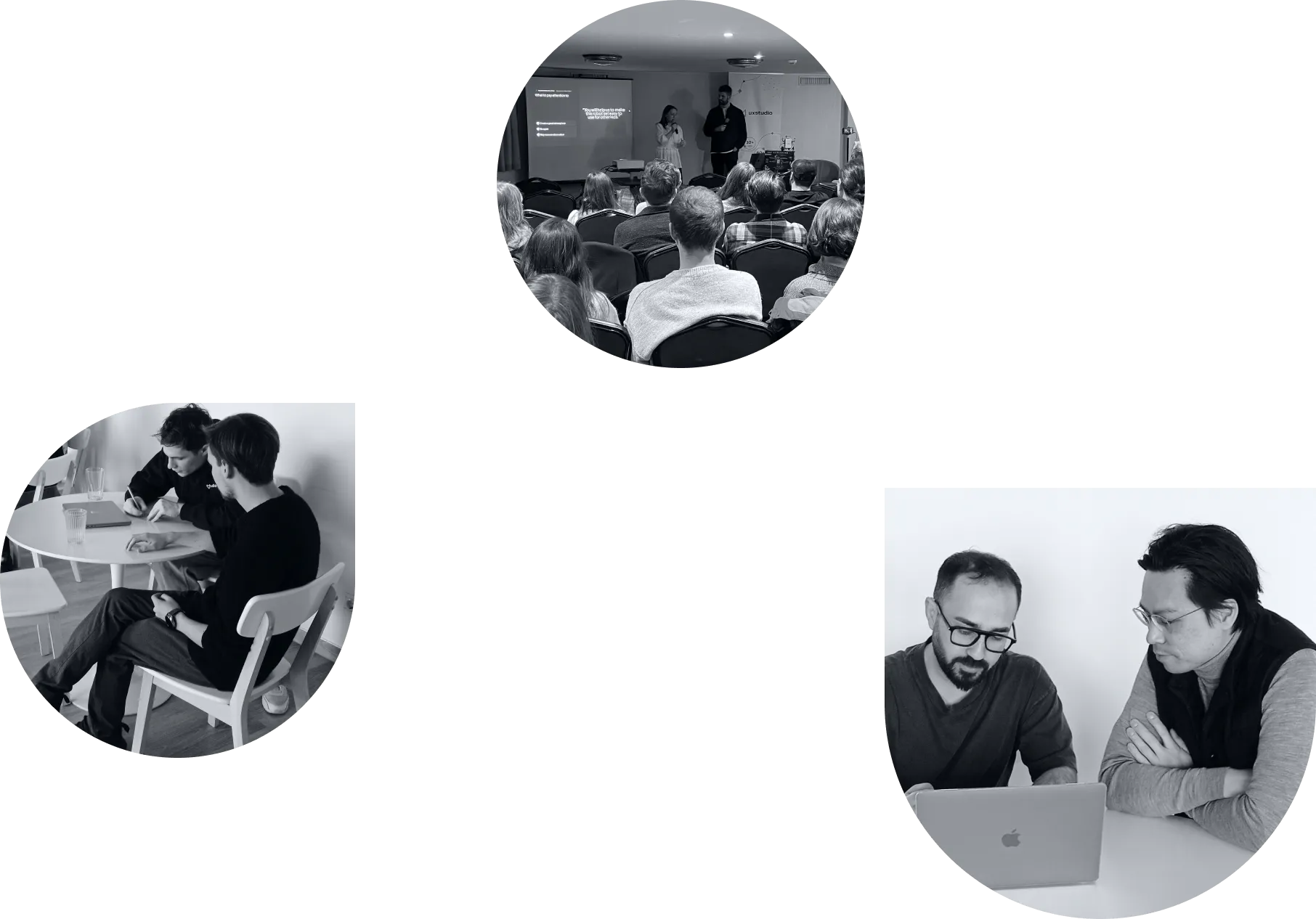 Black-and white photos showing our UX/UI designers and researchers working at their laptops and discussing issues.