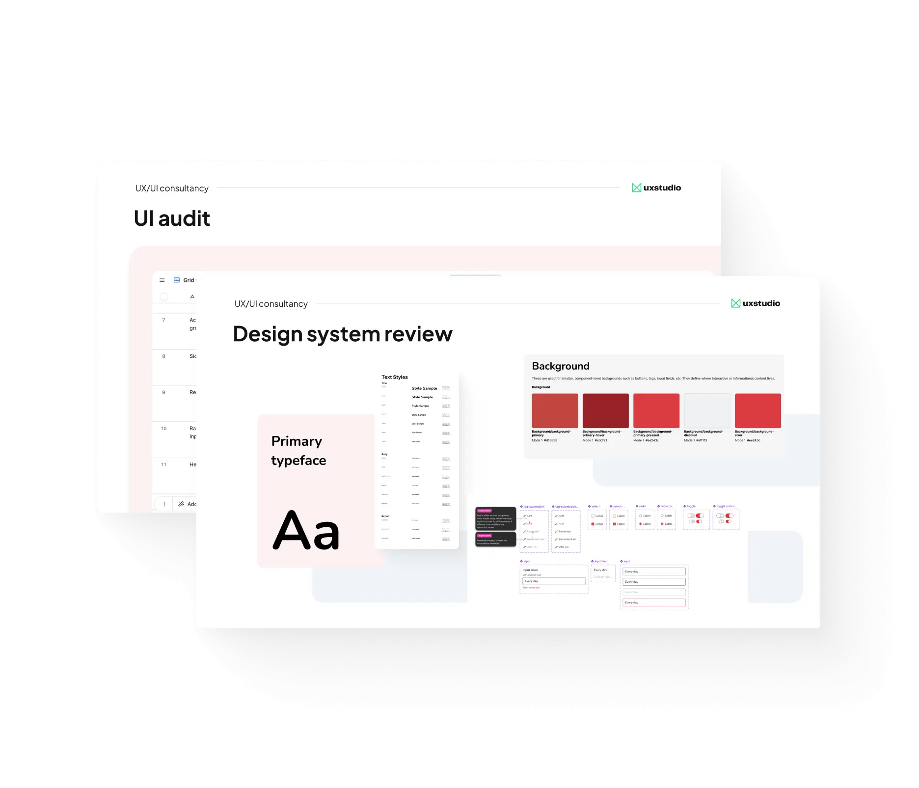A presentation slide showing UI components from typeface to colors. The dominant color is red.