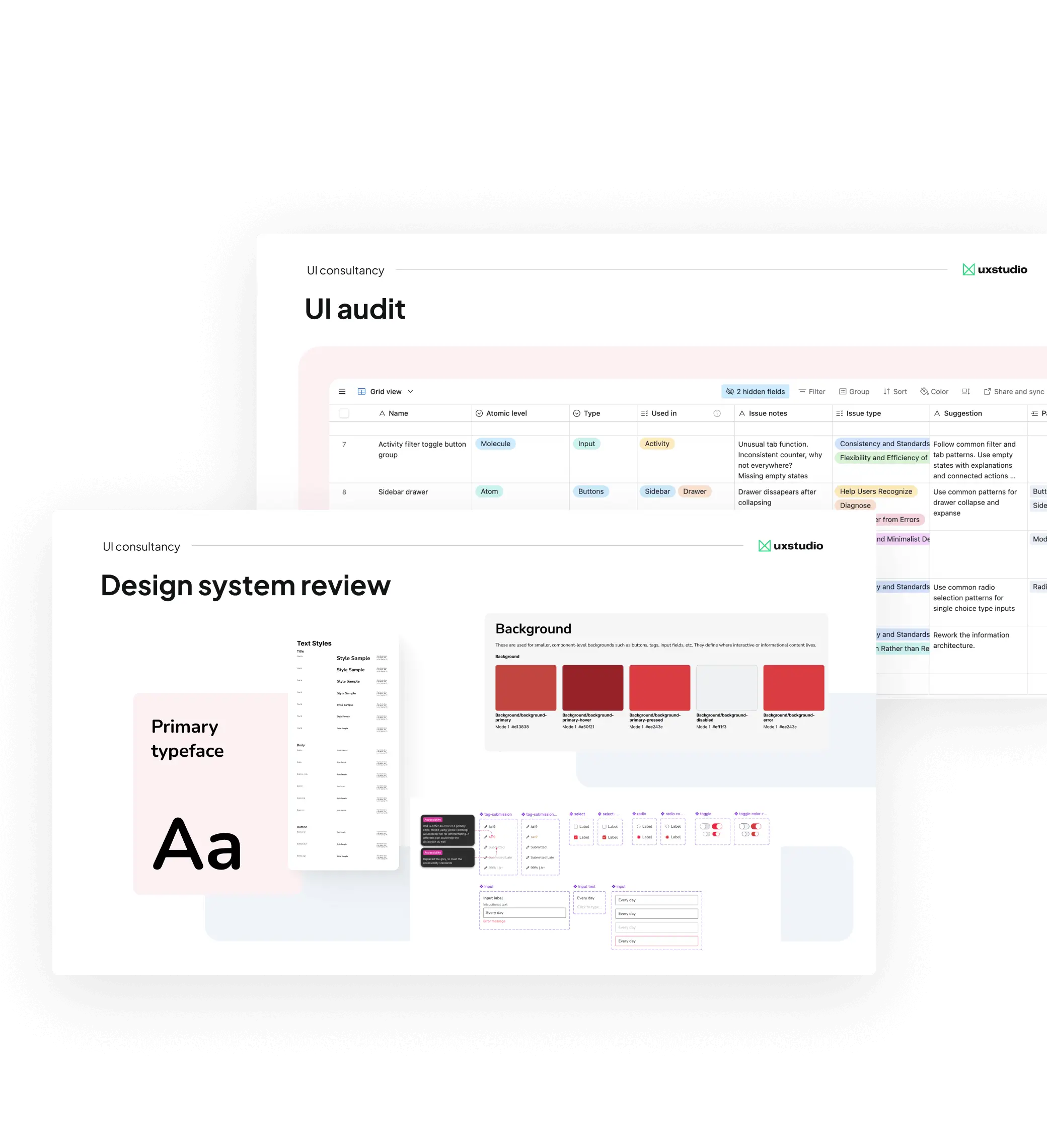 Two presentations slides on top of each other. The top one showing design elements from typeface and colors to buttons and toggles.
