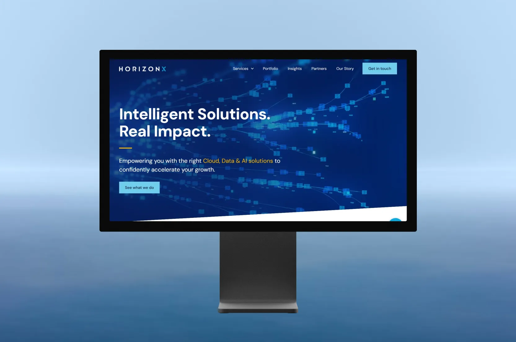 laptop mockup showing horizonx website homepage header