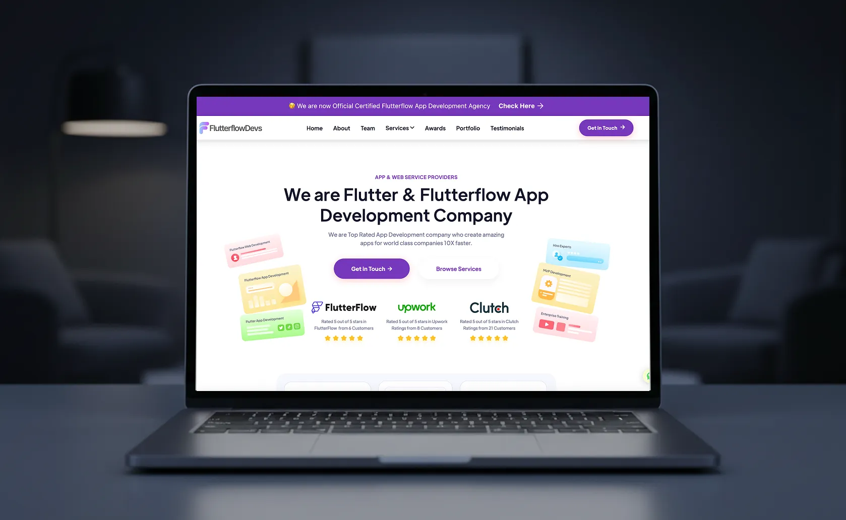 laptop mockup showing flutterflowdevs website homepage header