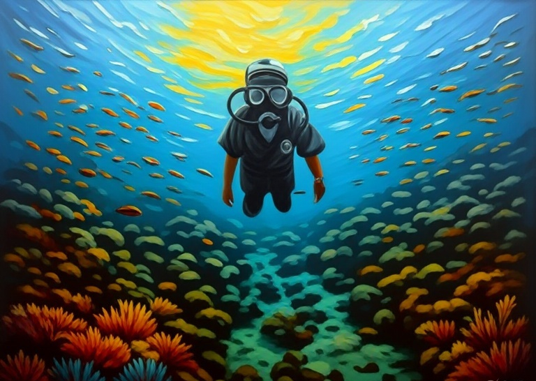 a man deep dives into the ocean to lean about cryptocurrency