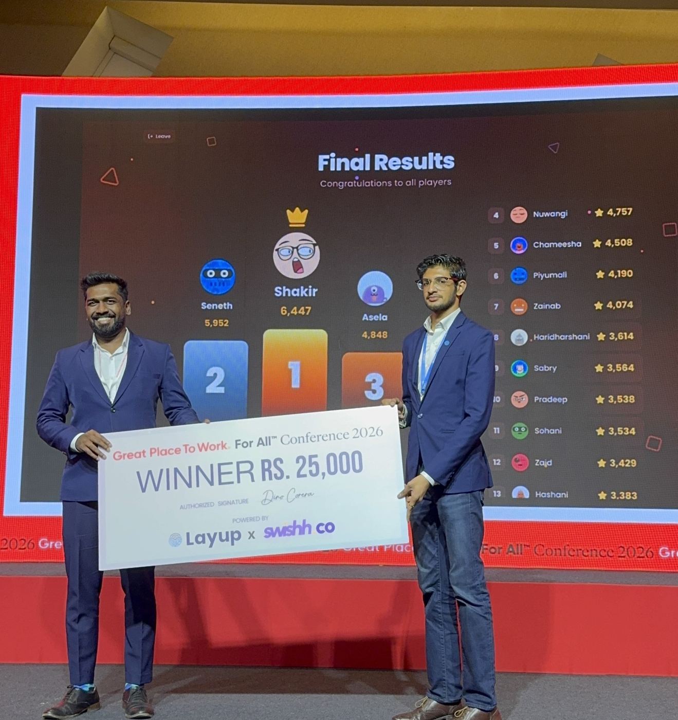 The Playoff winners on stage with the final leaderboard and prize