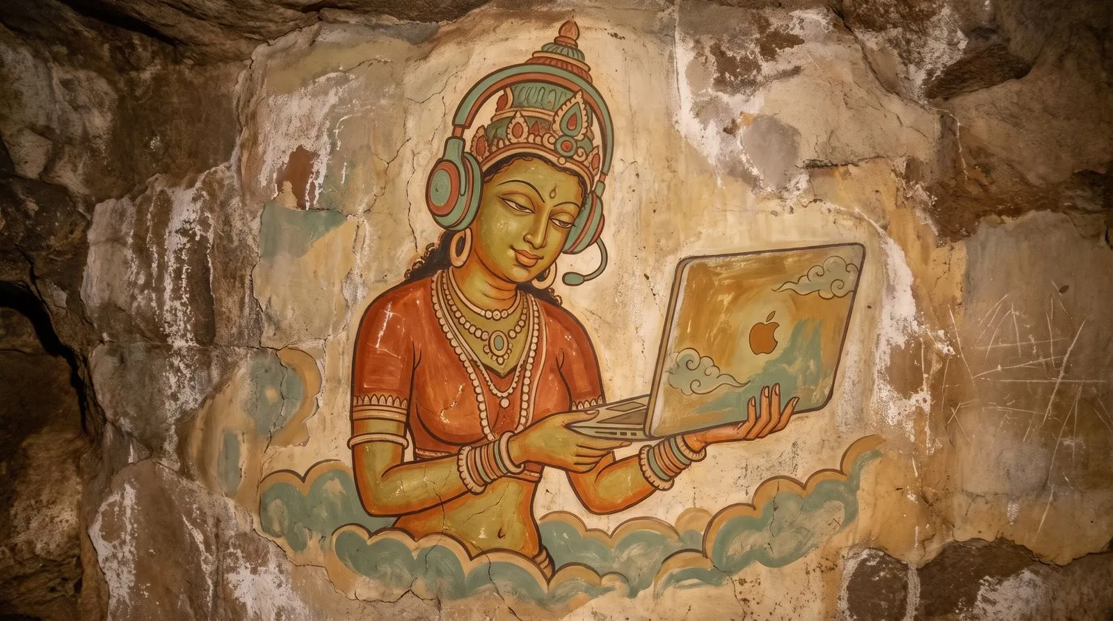 A fresco-style painting of a Sigiriya-style damsel holding a laptop and wearing a headset.