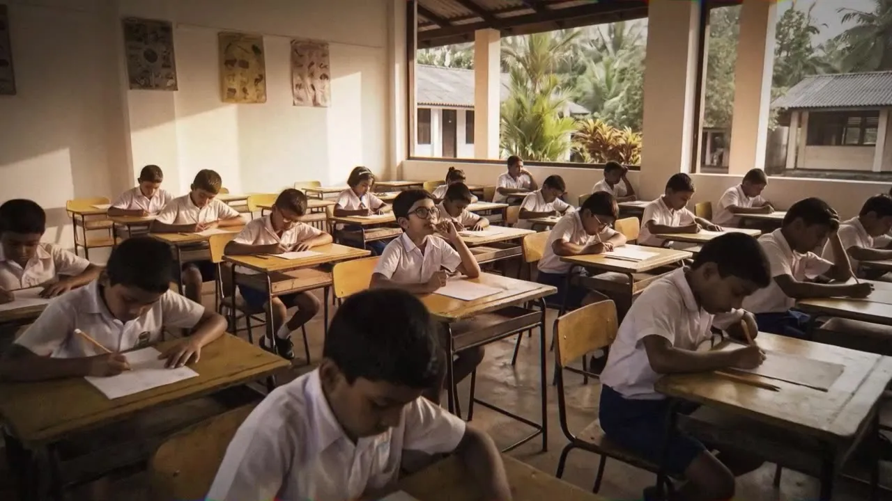 Rows of schoolchildren writing an exam in a Sri Lankan classroom.