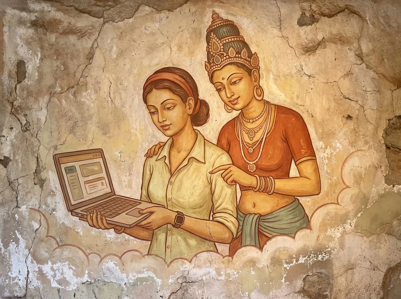 Fresco-style painting of a damsel guiding a woman in office wear through a laptop screen.