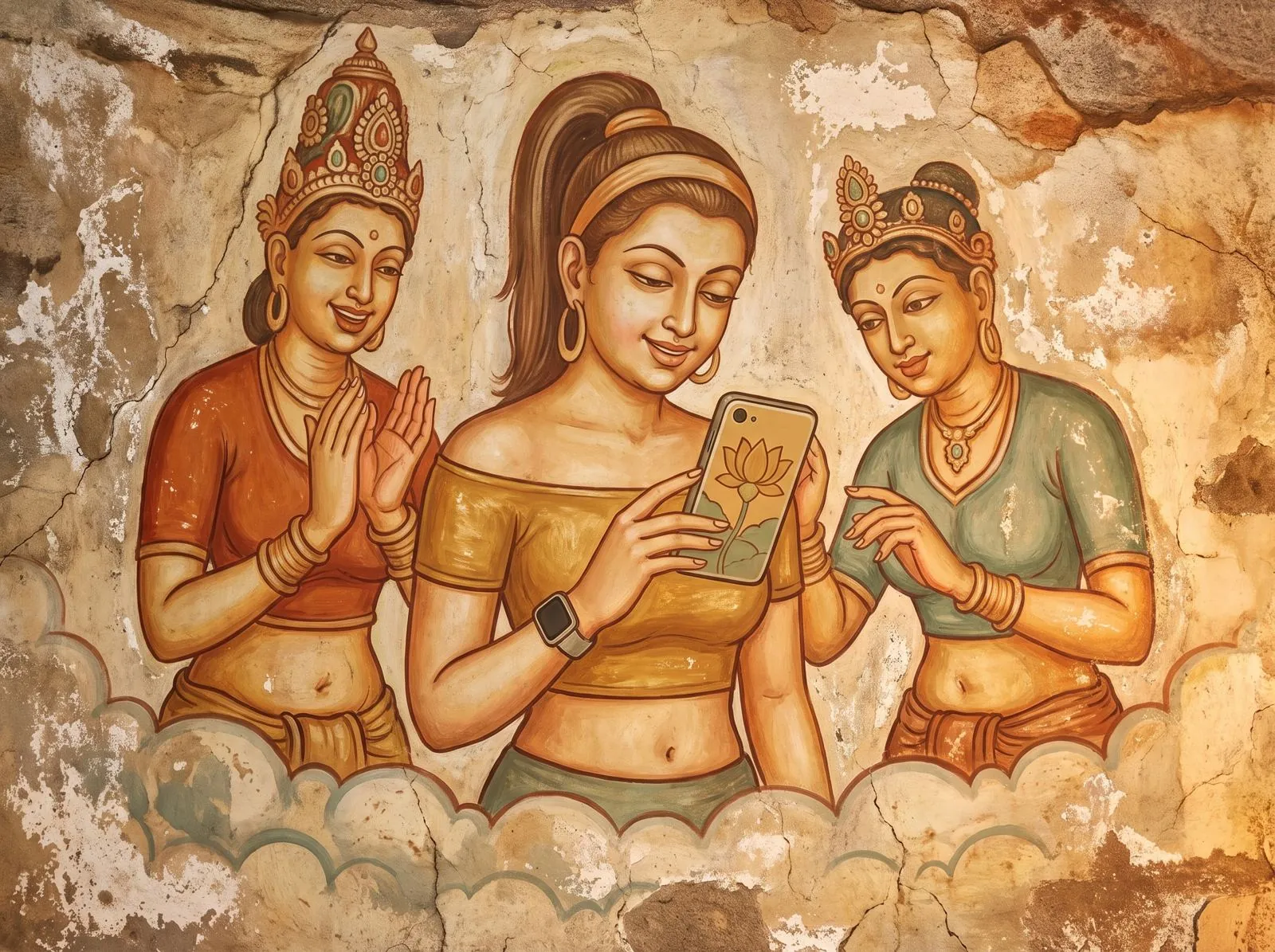 Fresco-style painting of a modern woman with a smartphone between two traditional Sigiriya damsels.