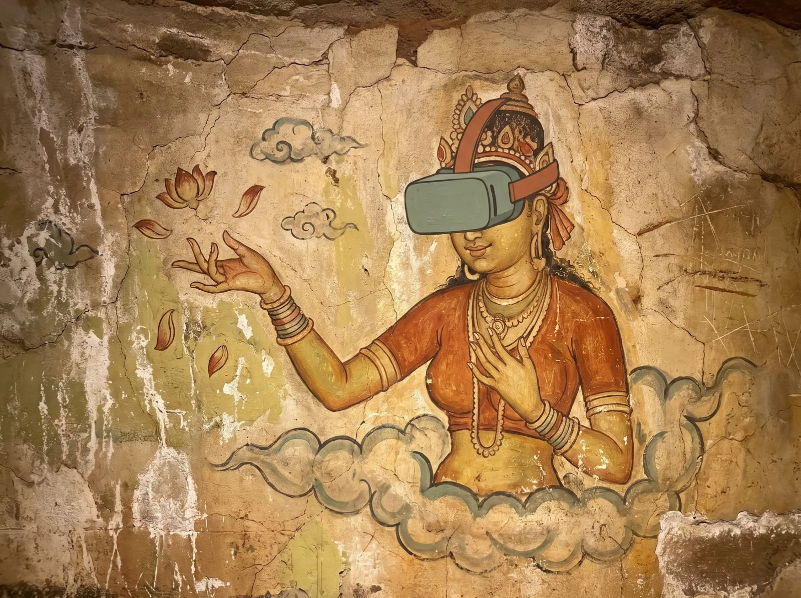 Fresco-style painting of a Sigiriya damsel wearing a VR headset, reaching for falling petals.