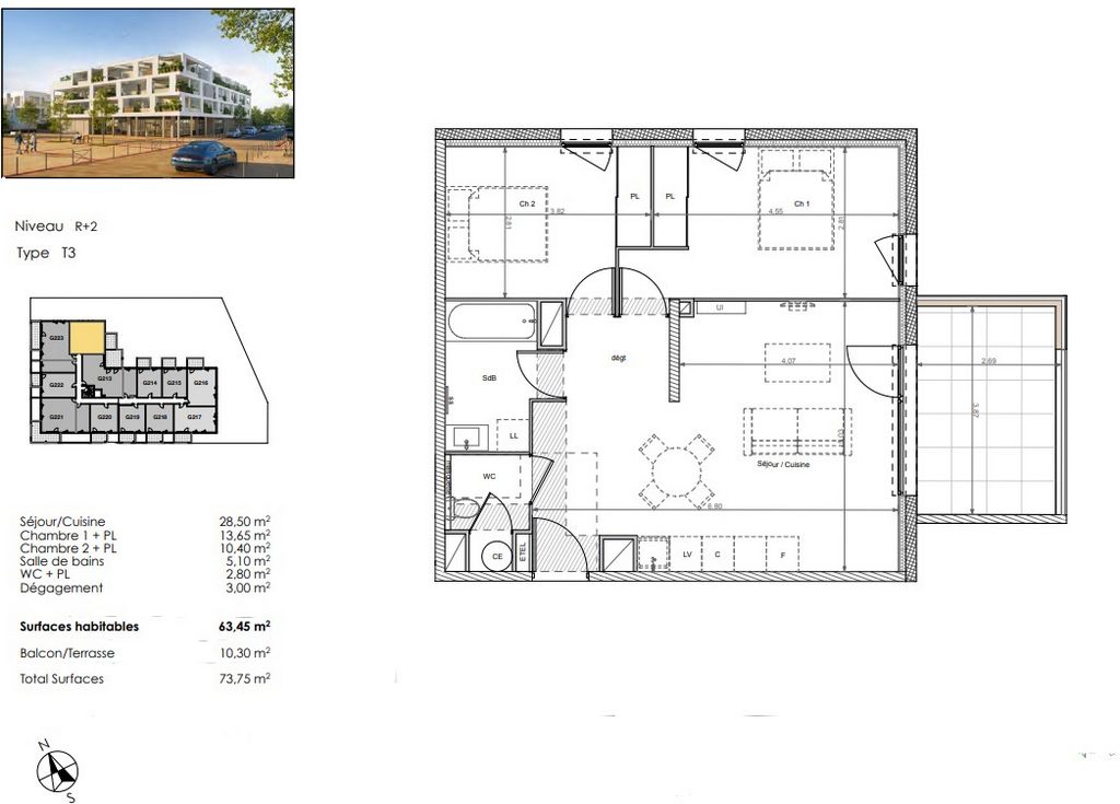 A nature-oriented T3 apartment of 63 sqm, featuring a terrace.