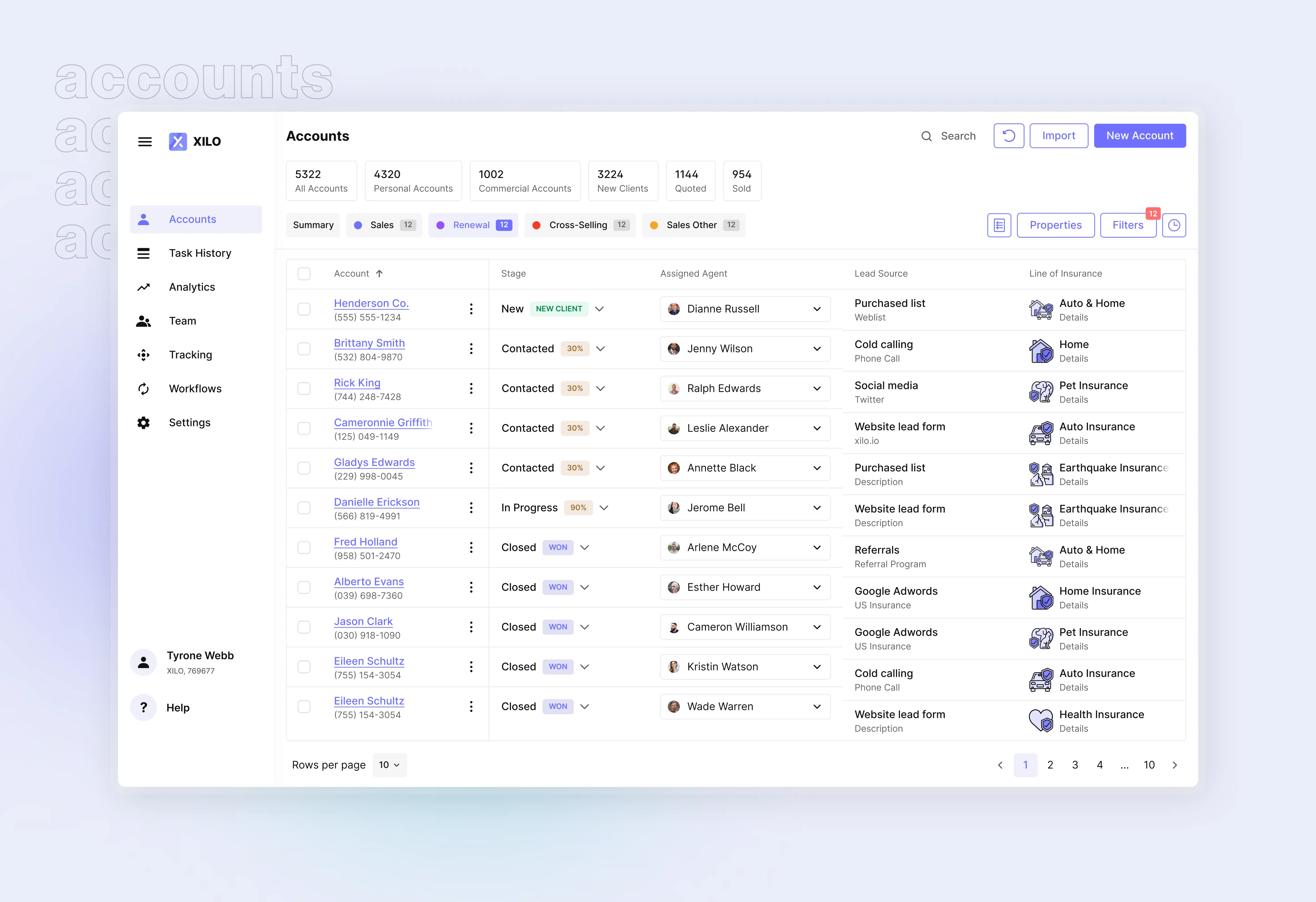CRM dashboard interface showing a list of customer accounts with columns for account name, stage, assigned agent, lead source, and line of insurance, along with filters, search, and navigation options.