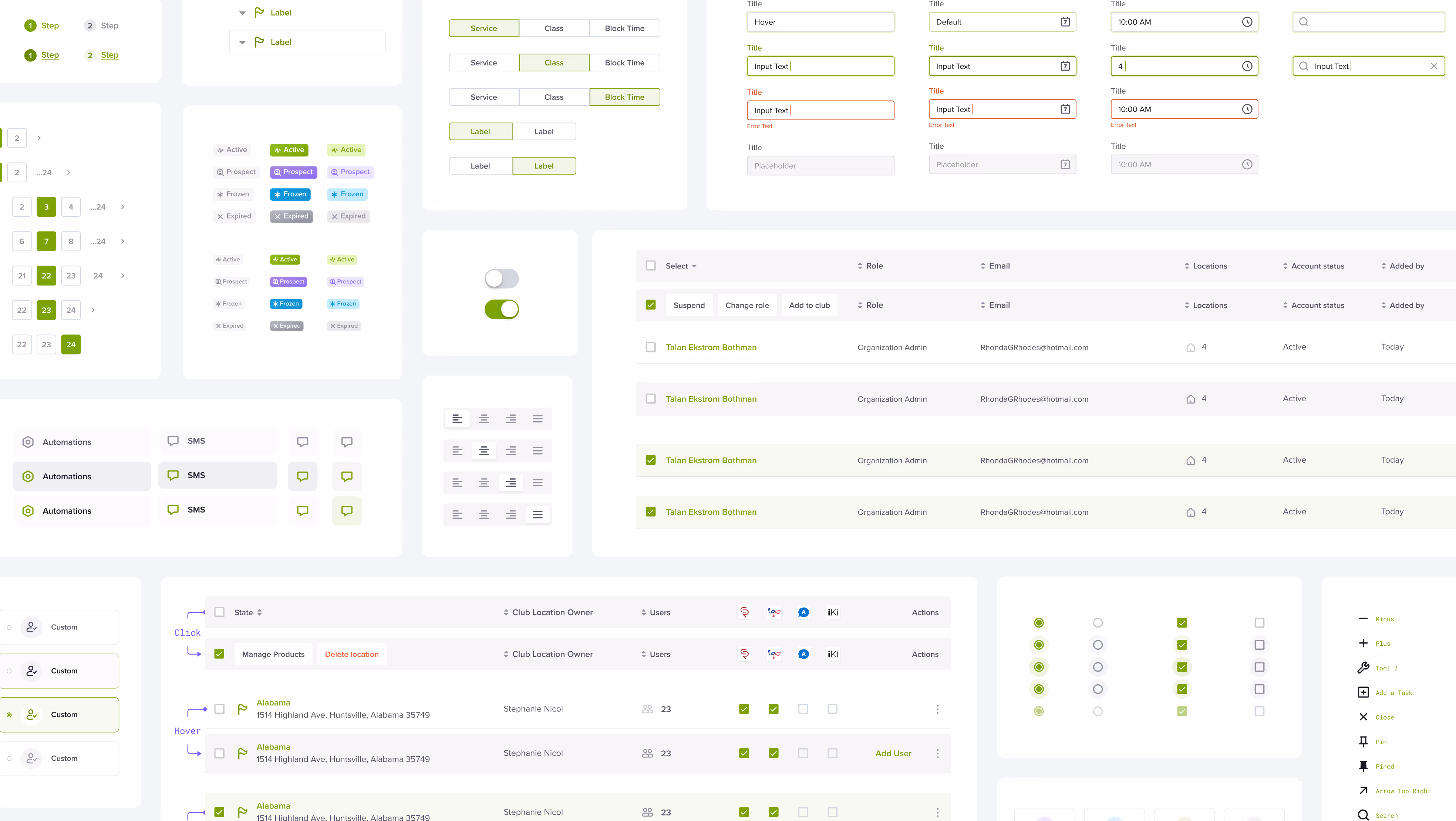 UI component library showcasing various interface elements, including buttons, form fields, toggles, dropdowns, tables, status labels, pagination controls, icons, and input states in a clean, modern design style.