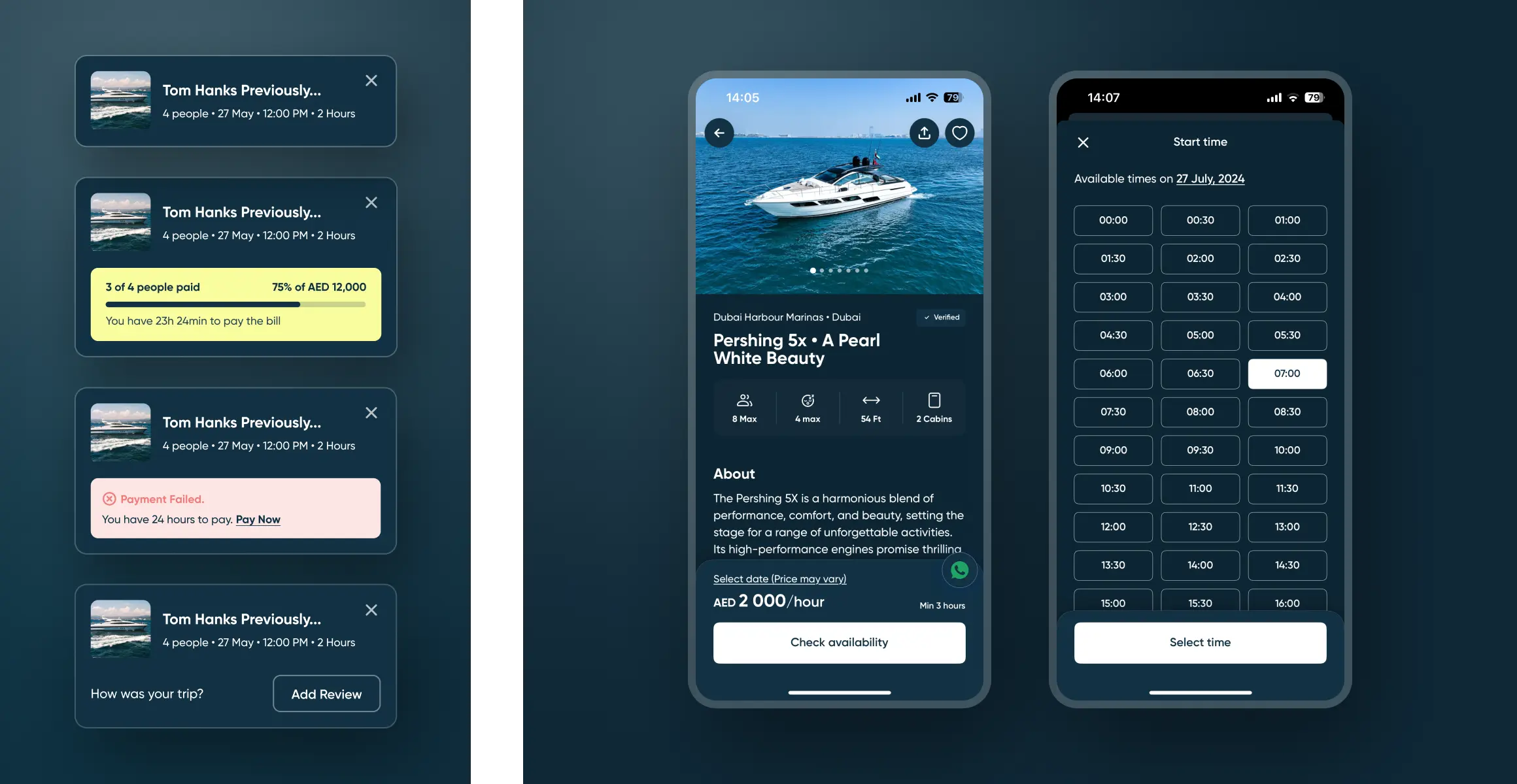 Mobile app UI screens for booking a yacht. Left: payment status cards showing progress, payment failure, and review prompt. Center: yacht details page with image, specifications, hourly rate, and availability check. Right: time selection screen with a grid of half-hour time slots.