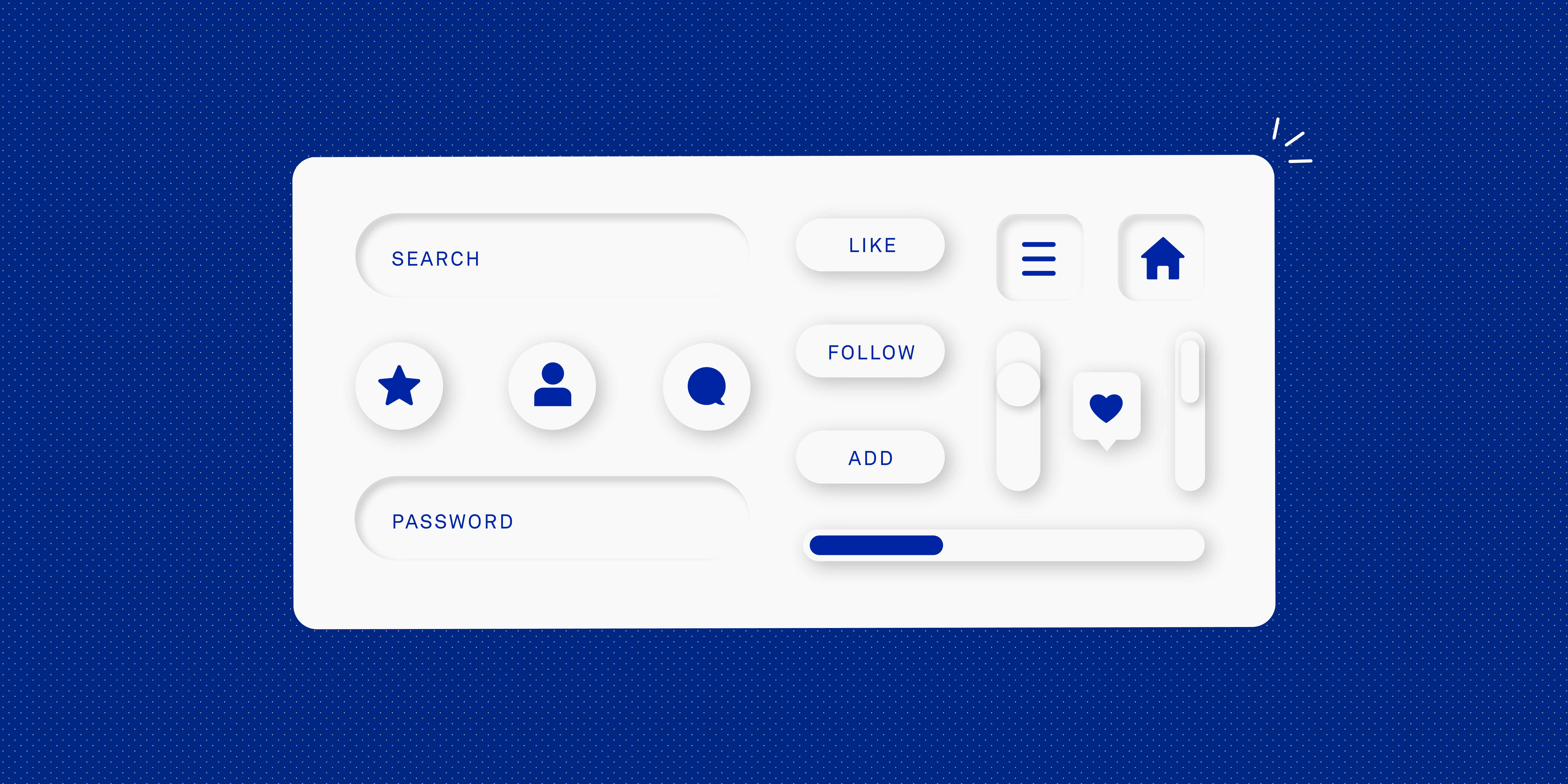 Neumorphic-style UI kit with rounded search and password fields, icon buttons, action buttons labeled Like, Follow, Add, navigation icons, toggle switches, heart icon, and progress bar on a blue background.