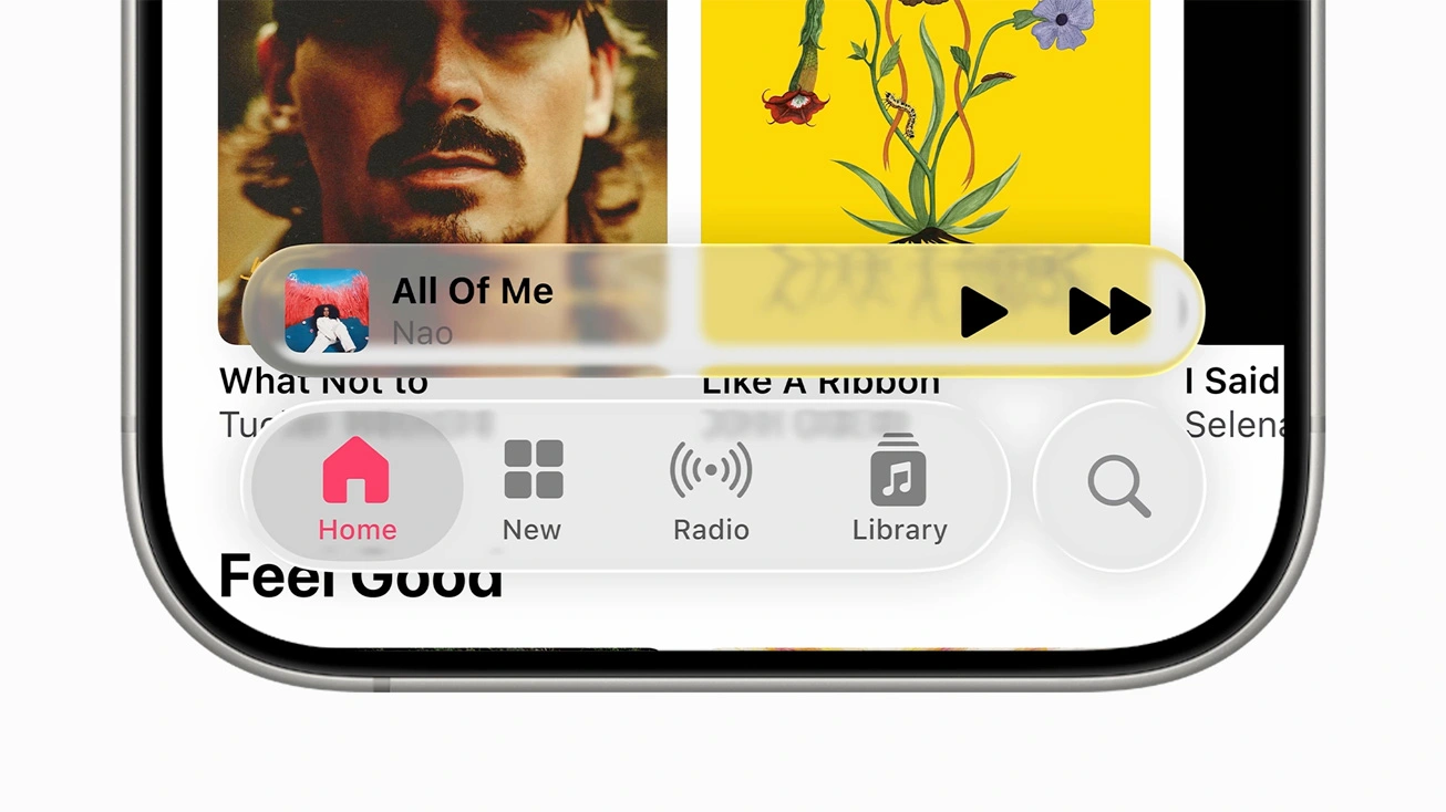 Close-up of a smartphone music app interface showing a floating playback widget for the song 'All Of Me' by Nao, with album art, play and skip buttons, and a bottom navigation bar with Home, New, Radio, Library, and Search icons.
